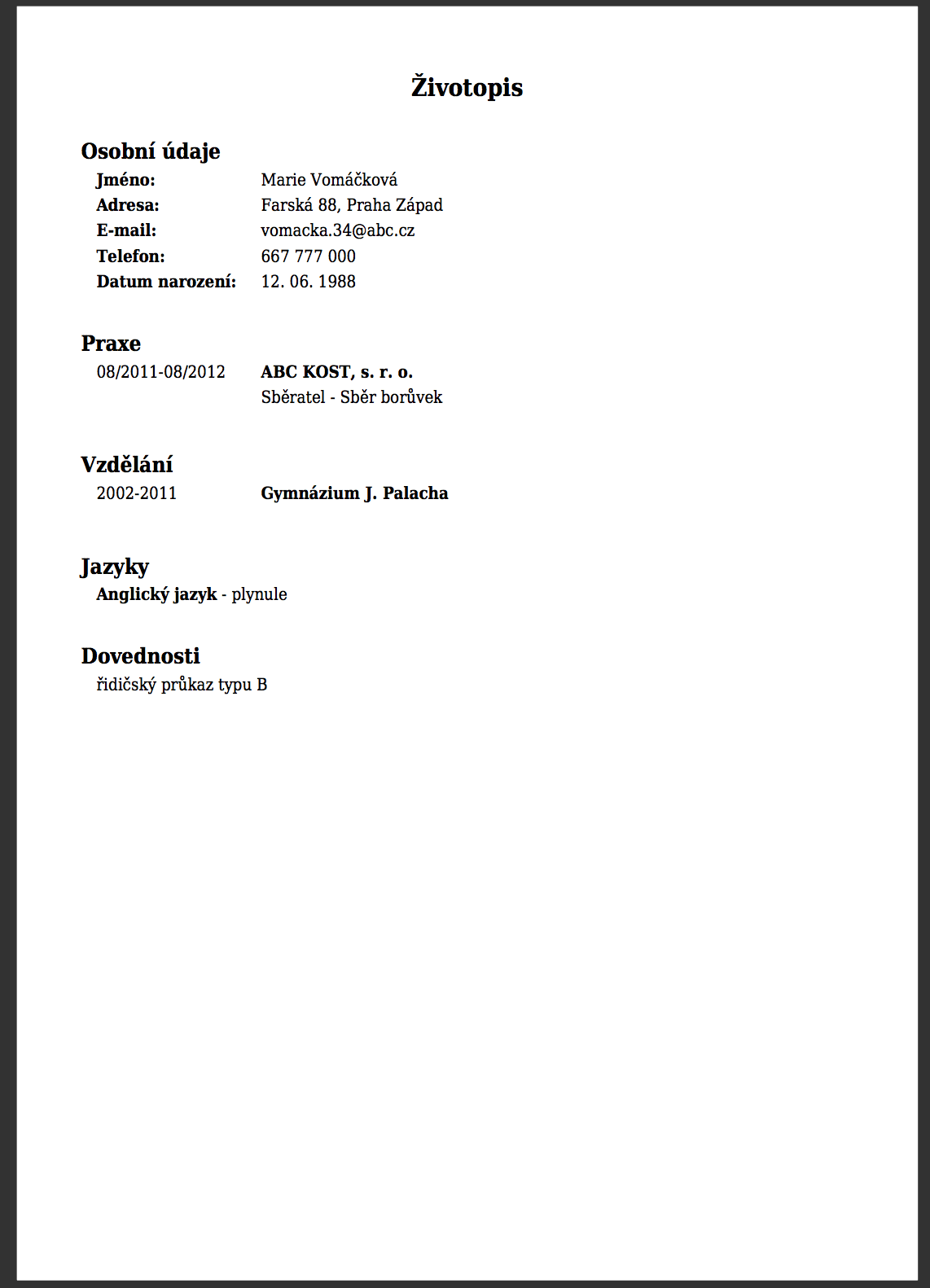 Jak Napsat Klasick A Strukturovan ivotopis Vzor Times cz