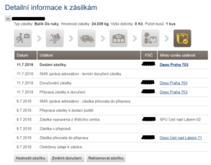 Takto vypadá detailní přehled k objednávce u sledování zásilek.