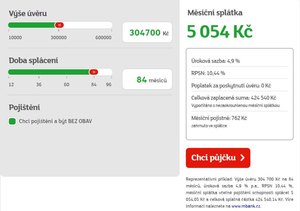 Do on-line kalkulačky se zadá celková výše úvěru, požadovaná doba splácení a případný požadavek na pojištění schopnosti splácet. Sama už poté vypočítá měsíční splátku a uvede všechny další podstatné náležitosti (RPSN, související poplatky apod.)