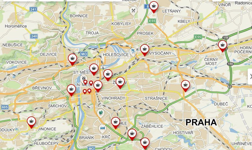 Mapa kaváren Costa Coffee – Praha.