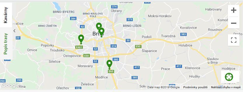 Mapa kaváren Starbucks – Brno.