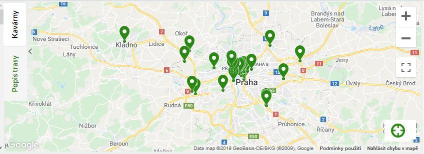 Mapa kaváren Starbucks – Praha.