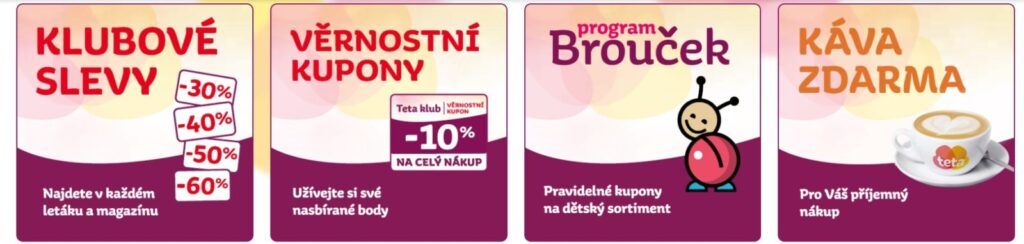 Teta Klub poskytuje svým zákazníkům mnoho různých typů výhod. V případě slevových akcí se nejedná o žádné malé částky, ale skutečně lze výrazně ušetřit.