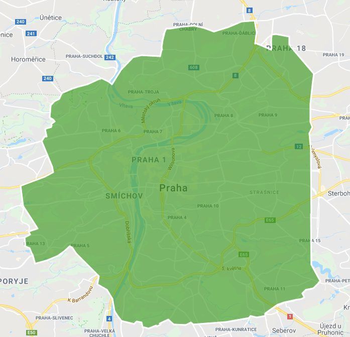 Mapa pokrytí oblasti, kam Uber Eats doručuje jídlo.