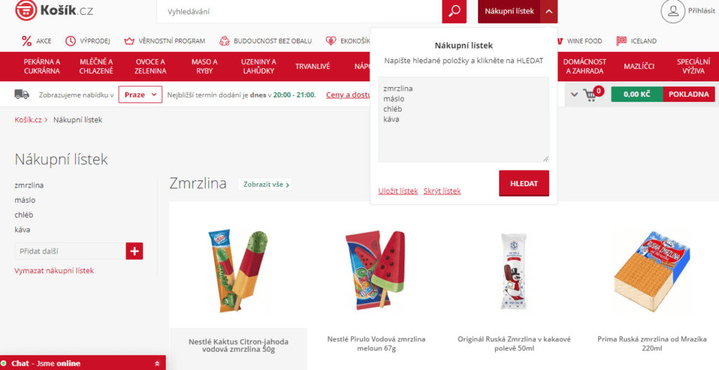 Funkce Nákupní lístek usnadní a urychlí vyhledávání několika konkrétních druhů zboží.