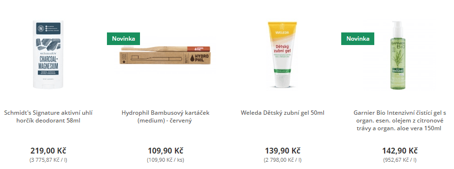 V oddělení drogerie lze mimo jiné zakoupit ekologické prací prášky, čistící prostředky a přírodní kosmetiku mnoha certifikovaných značek.