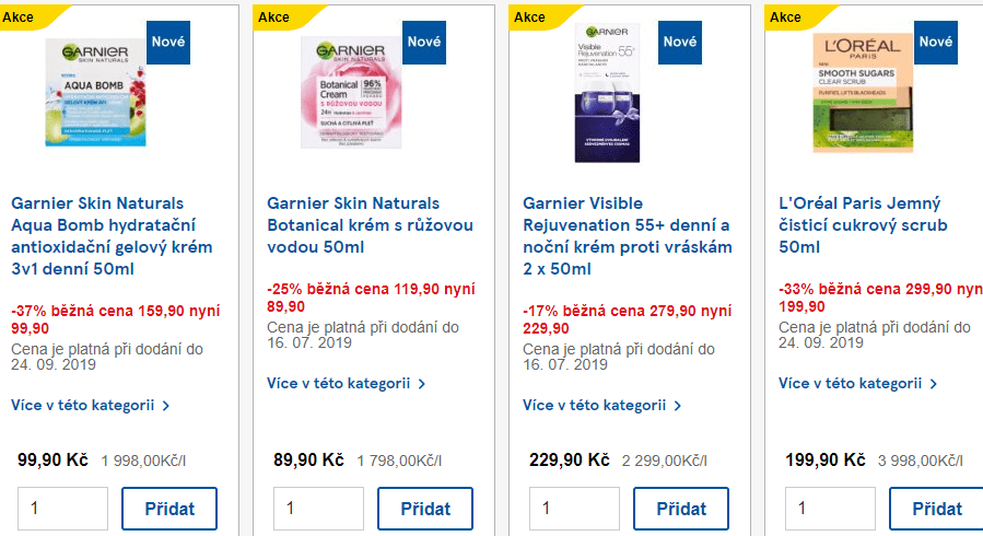 Nabídka kosmetiky a domácích potřeb zahrnuje totožné produkty jako velké kamenné drogerie.