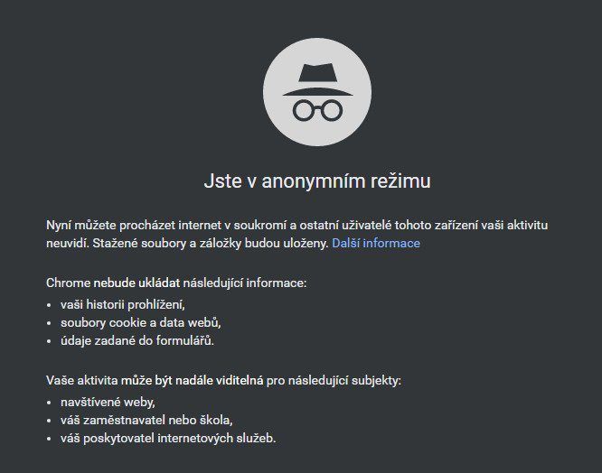 Anonymní režim neukládá historii prohlížení ani cookies o vyhledávání.
