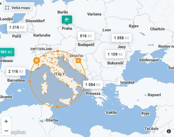  Je možné nastavit si radius jak pro zemi odletu, tak pro cílovou destinaci.