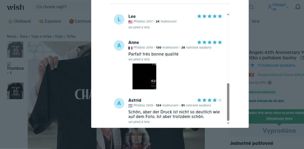 Při nákupu oblečení je třeba číst recenze, které mnohdy obsahují i reálné fotografie výrobku. Každý internetový nákup je však odkázán jen na to, co vidí zákazník na obrazovce: žádná pobočka online shopu Wish v Česku v Praze ani jinde není.