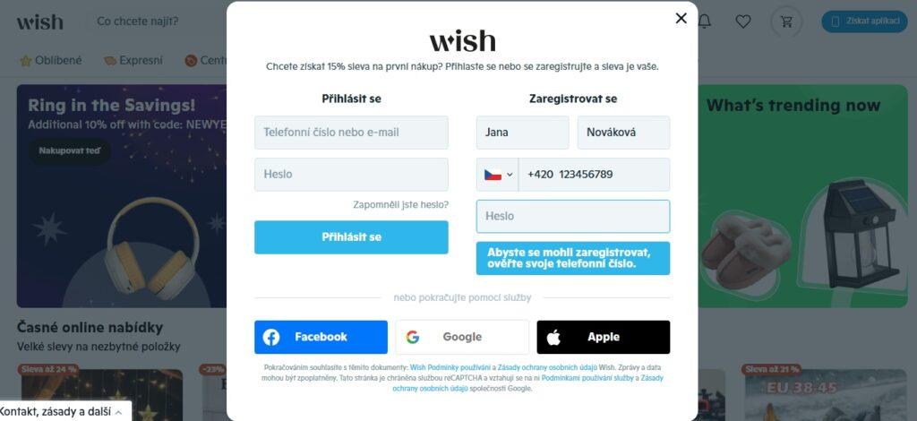 Registrace na Wish.com vyžaduje základní osobní údaje a je obvykle doprovázena slevou pro nově registrovaného. Častou bývá 15% sleva.