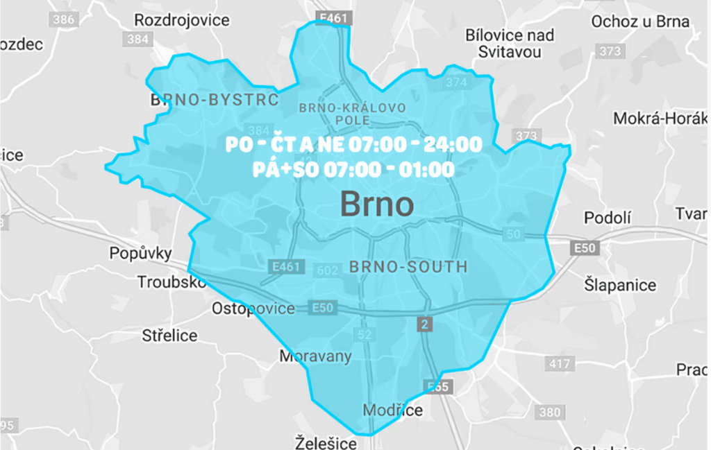 Na mapě je možné vidět časy rozvozu Wolt Brno v konkrétních lokalitách.