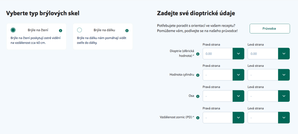 Při kalkulaci ceny skel GrandOptical je potřeba nejprve zadat dioptrické údaje.